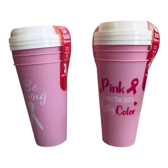 6pc pink Breast Cancer Awareness reusable lidded to-go microwaveable coffee cups - Picture 5 of 9